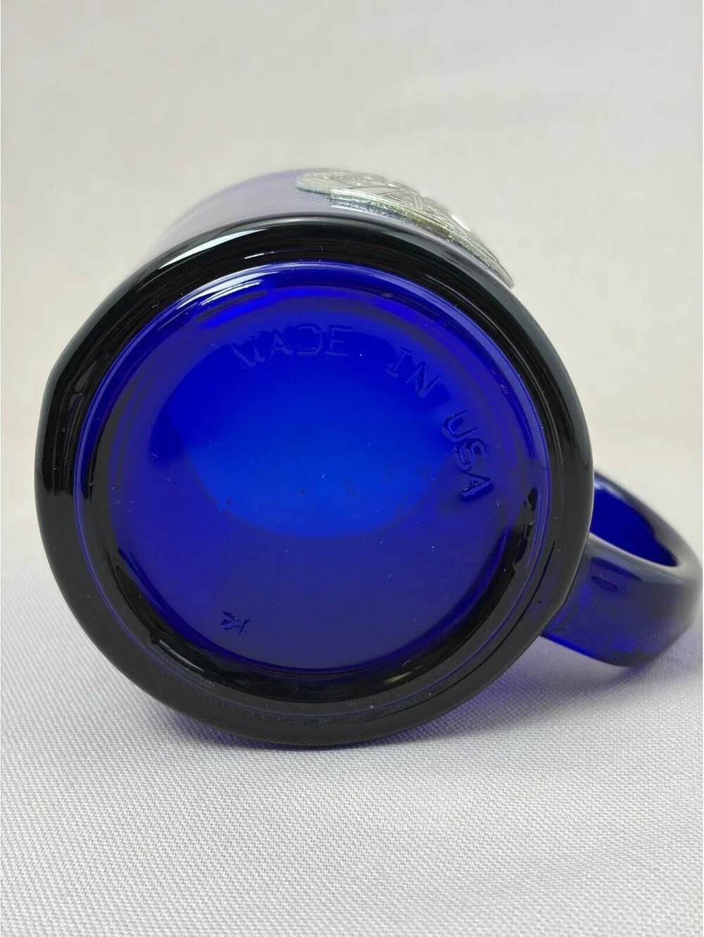 Vintage Cobalt Blue Glass Coffee Mug Pewter Guardian Angel Silver Rim Made in US